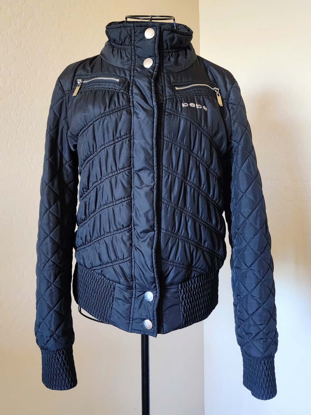 bebe Black Quilted Puffer Jacket with Snap Front